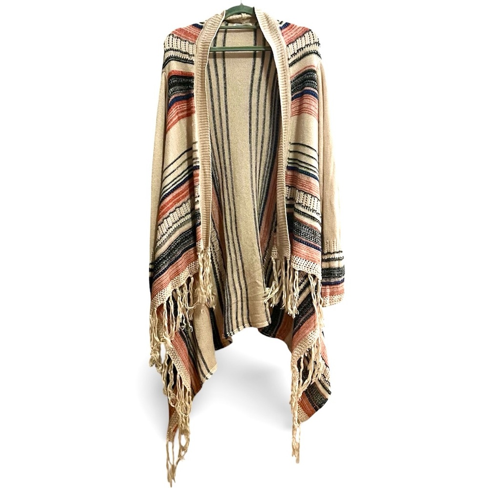 Boho Fringe Cardigan Waterfall Draped Fringe Duster Khaki Aztec Tribal Wrap